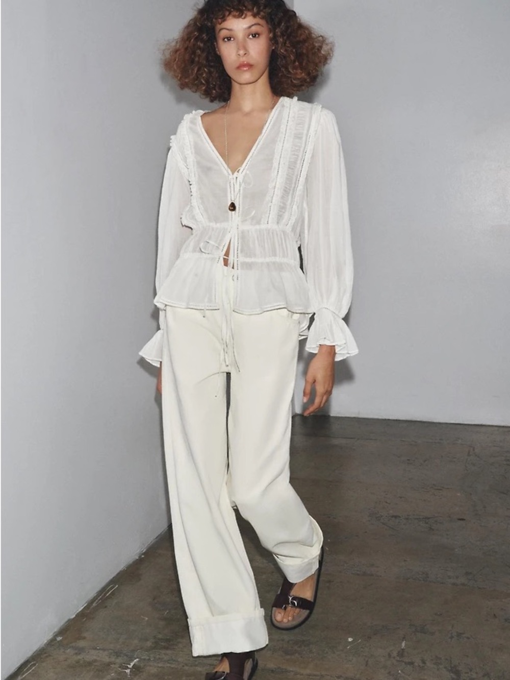 Zara White Sheer Peasant Blouse with Lace Trim